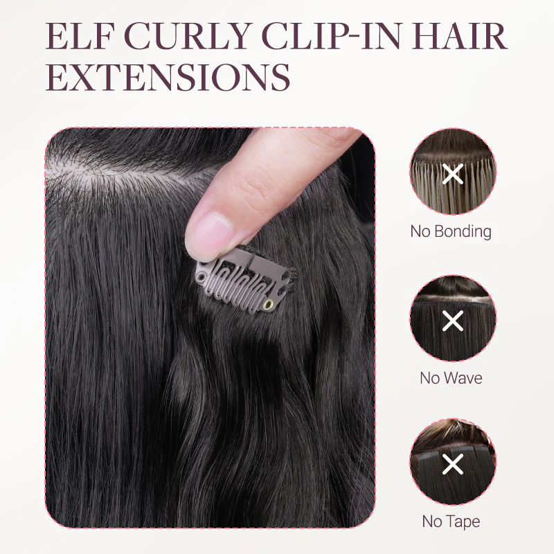 Dark Brown (2) Elf Curly Clip-in Hair Extensions (120-150g) - Image 5